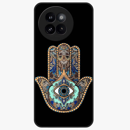Mystic Hamsa Eye Glass Case showing flat back view with protective hamsa hand and evil eye artwork and glossy glass finish.