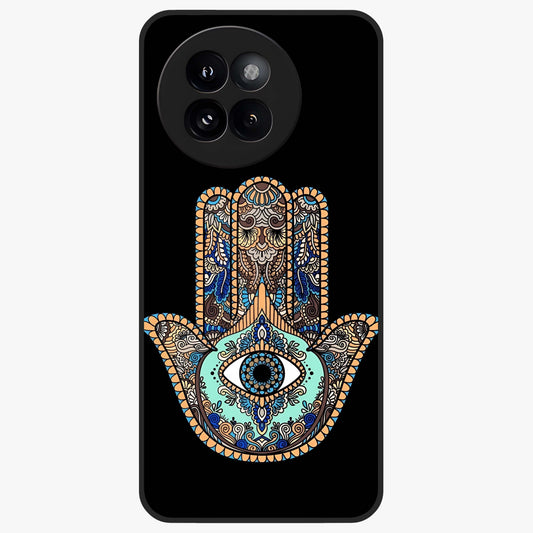 Mystic Hamsa Eye Glass Case showing flat back view with protective hamsa hand and evil eye artwork and glossy glass finish.