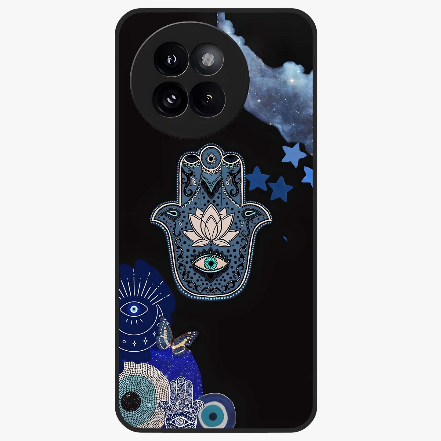 Mystic Hand Aura Glass Case showing flat back view with mystical hand symbol artwork and glossy glass finish.