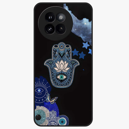Mystic Hand Aura Glass Case showing flat back view with mystical hand symbol artwork and glossy glass finish.