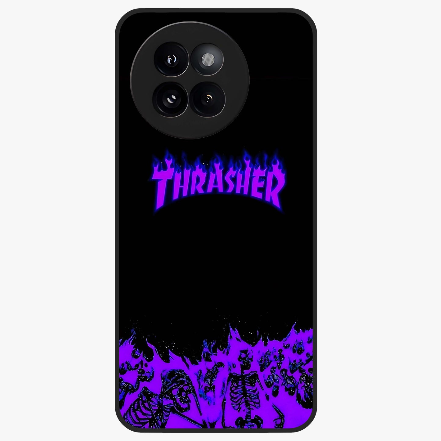 Neon Flame Riot Glass Case showing flat back view with neon flame artwork and glossy glass finish.