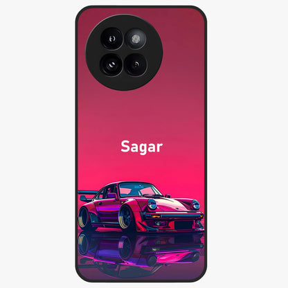 Neon Pink Porsche Glass Case showing flat back view with stylish sports car artwork and glossy glass finish.