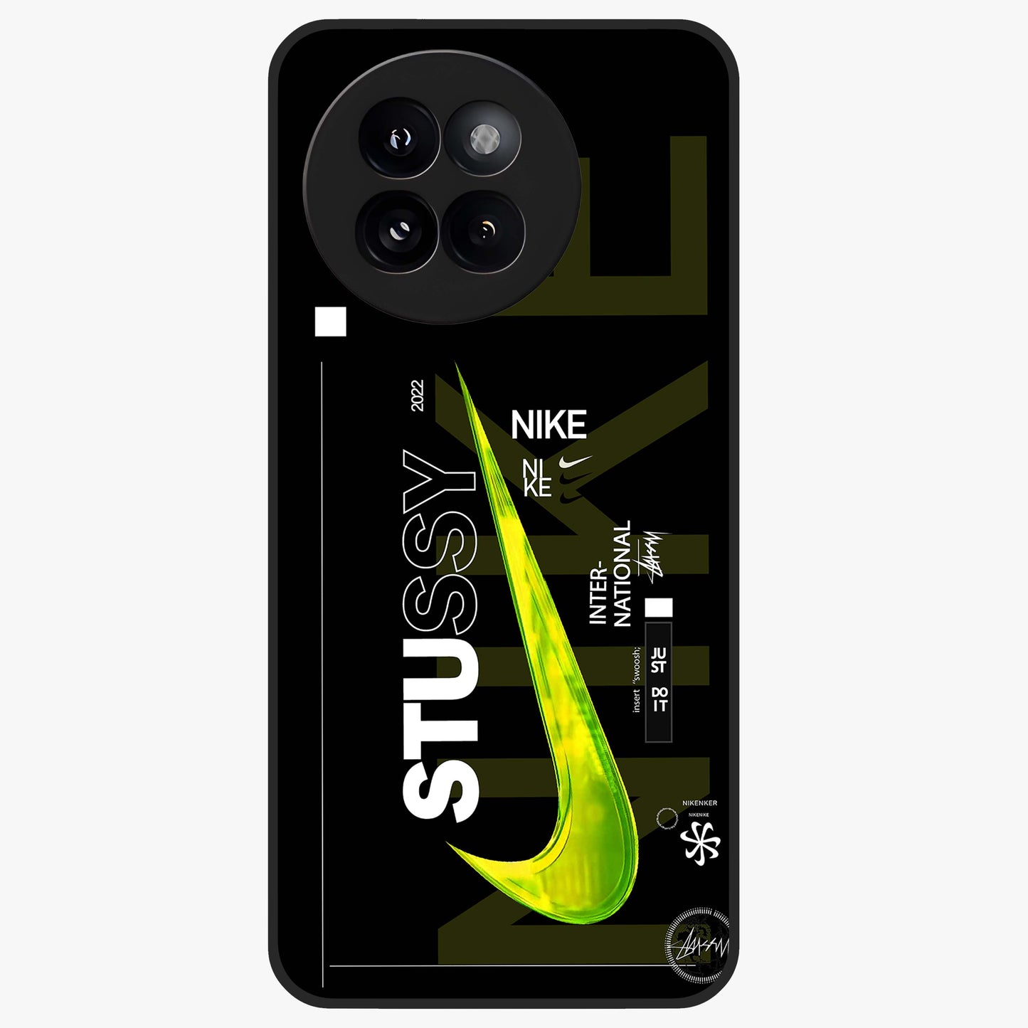 Neon Street Edition Glass Case showing flat back view with neon street style artwork and glossy glass finish.