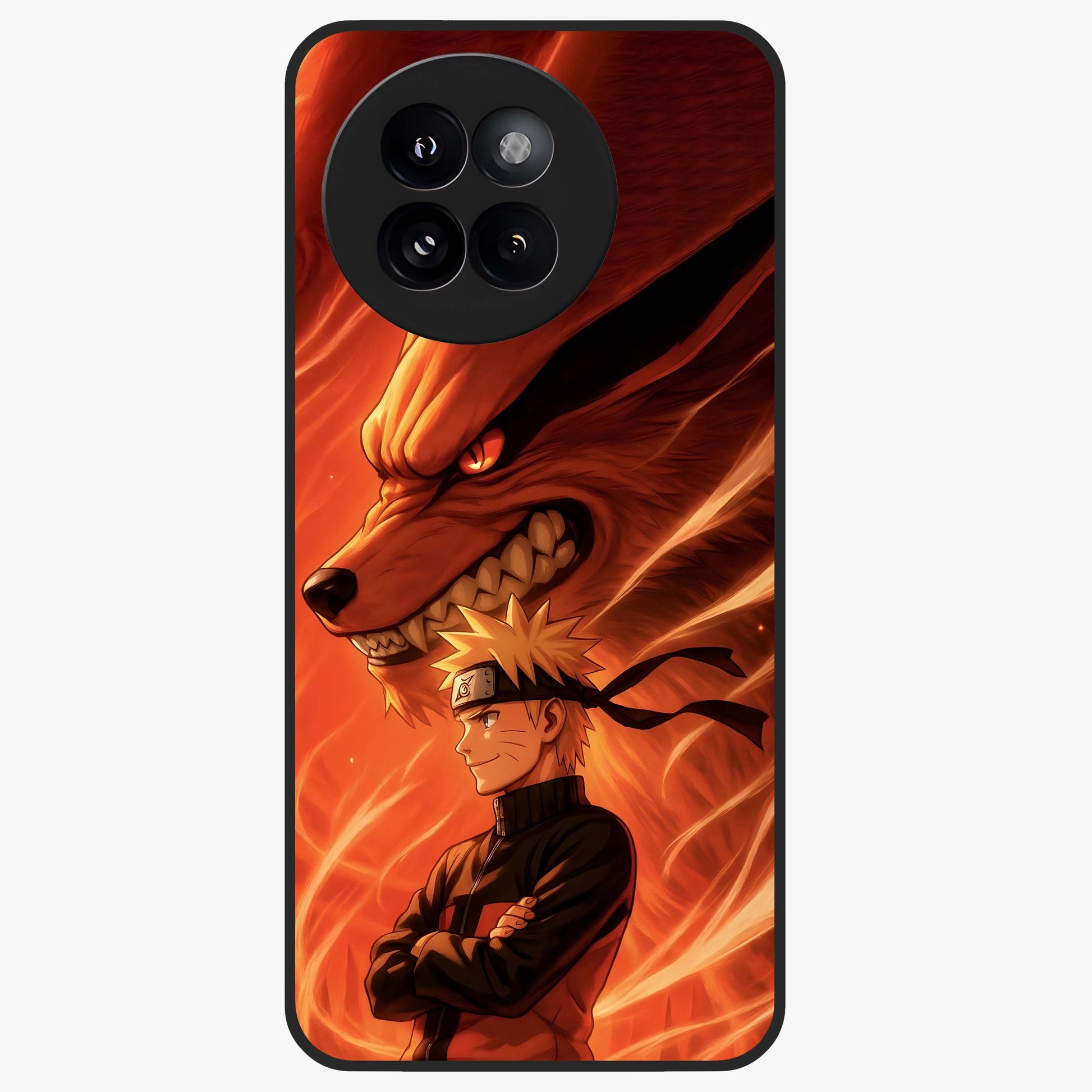 Nine Tails Legacy Glass Case showing flat back view with powerful nine-tailed fox inspired artwork and glossy glass finish.