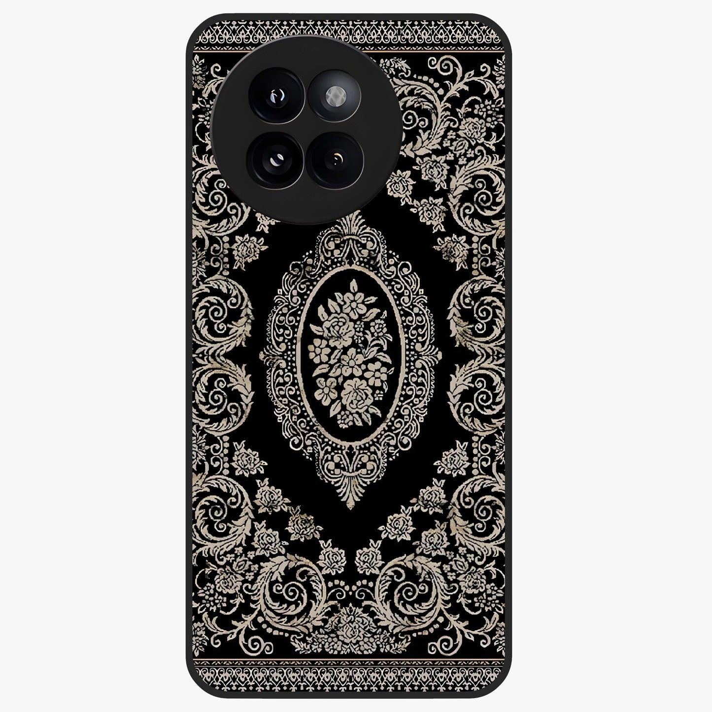 Noir Bloom Elegance Glass Case showing flat back view with elegant dark floral artwork and glossy glass finish.