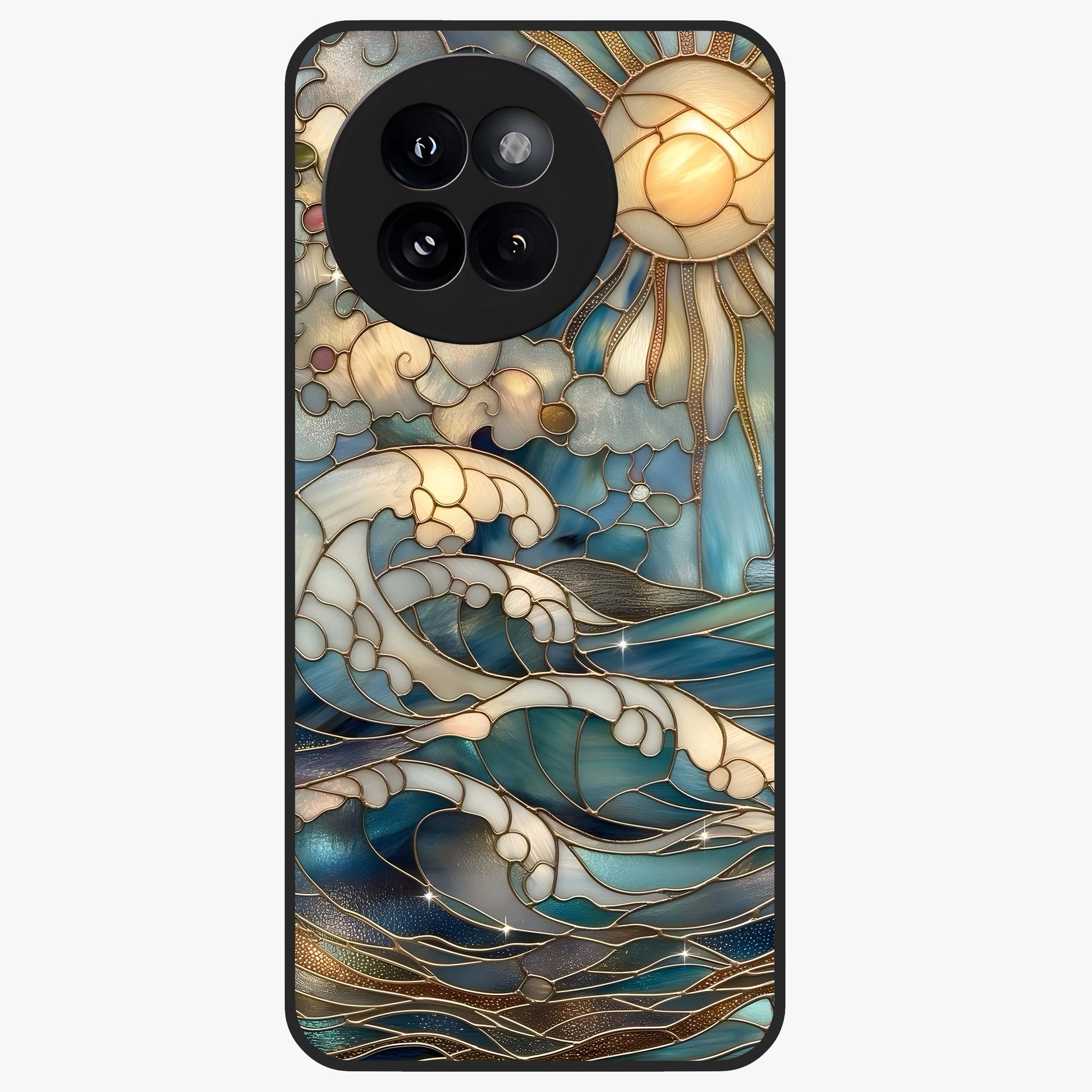 Oceanic Stained Printed Glass Case showing flat back view with ocean inspired stained pattern artwork and glossy glass finish.