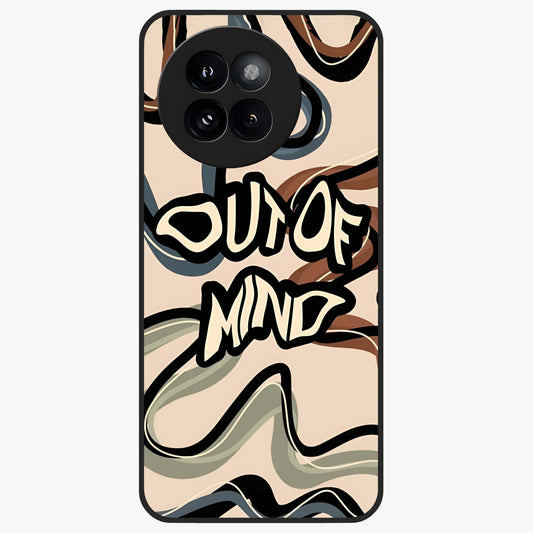 Out Of Mind Glass Case showing flat back view with expressive typography artwork and glossy glass finish.