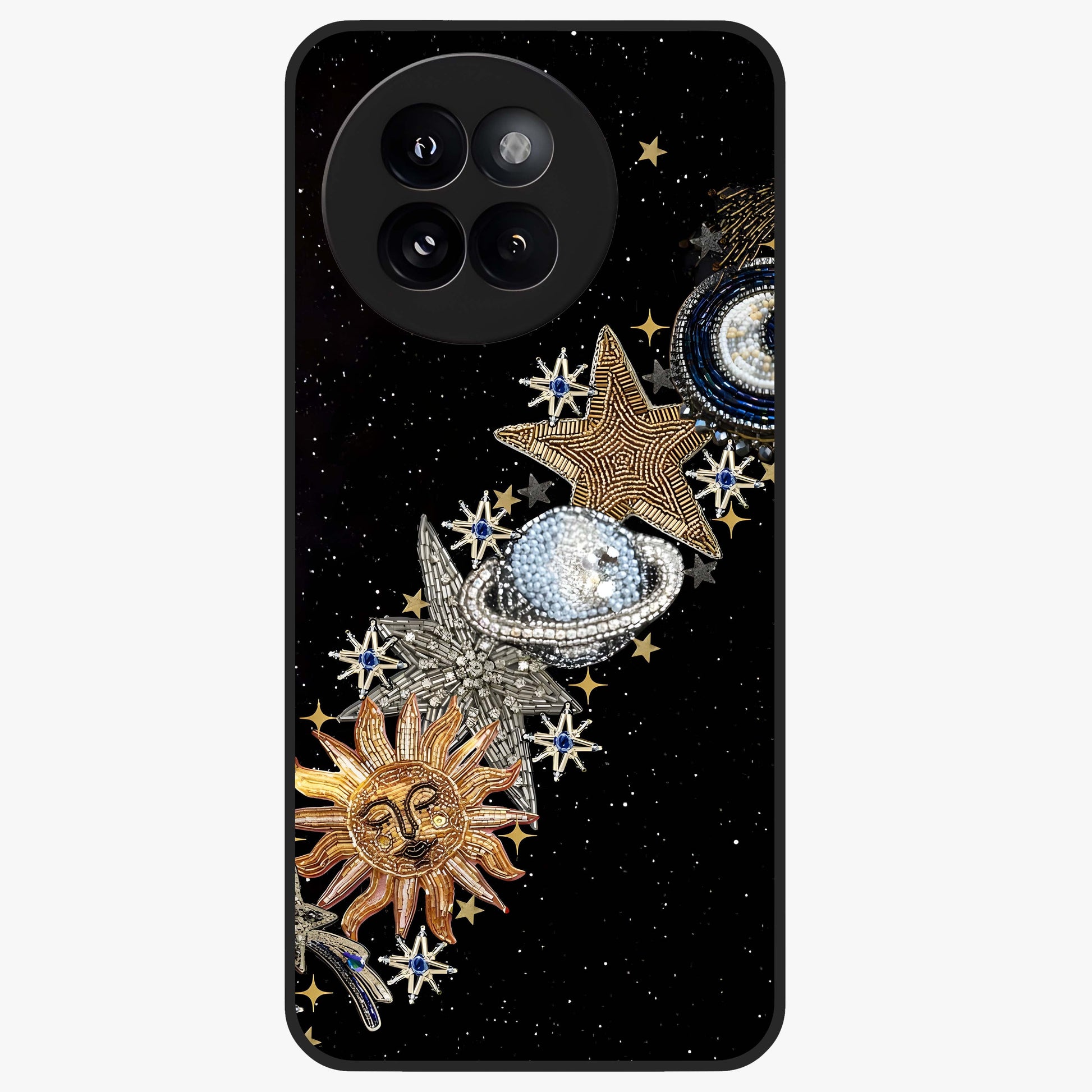 Pearls Universe Object Glass Case showing flat back view with pearl inspired cosmic artwork and glossy glass finish.