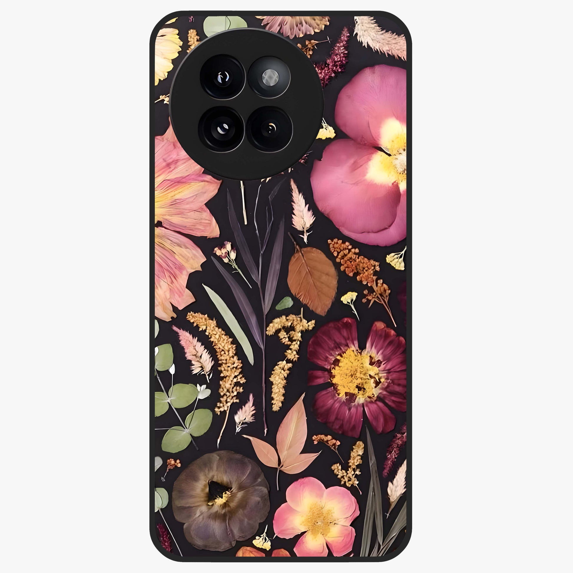 Petal Dream Tapestry Glass Case showing flat back view with intricate floral tapestry artwork and glossy glass finish.