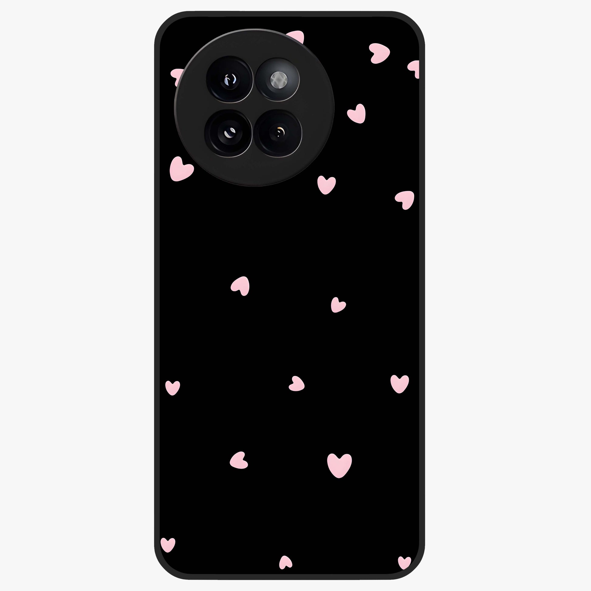Pink Love Drops Glass Case showing flat back view with playful pink heart drops artwork and glossy glass finish.