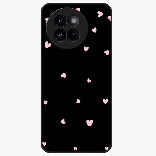 Pink Love Drops Glass Case showing flat back view with playful pink heart drops artwork and glossy glass finish.