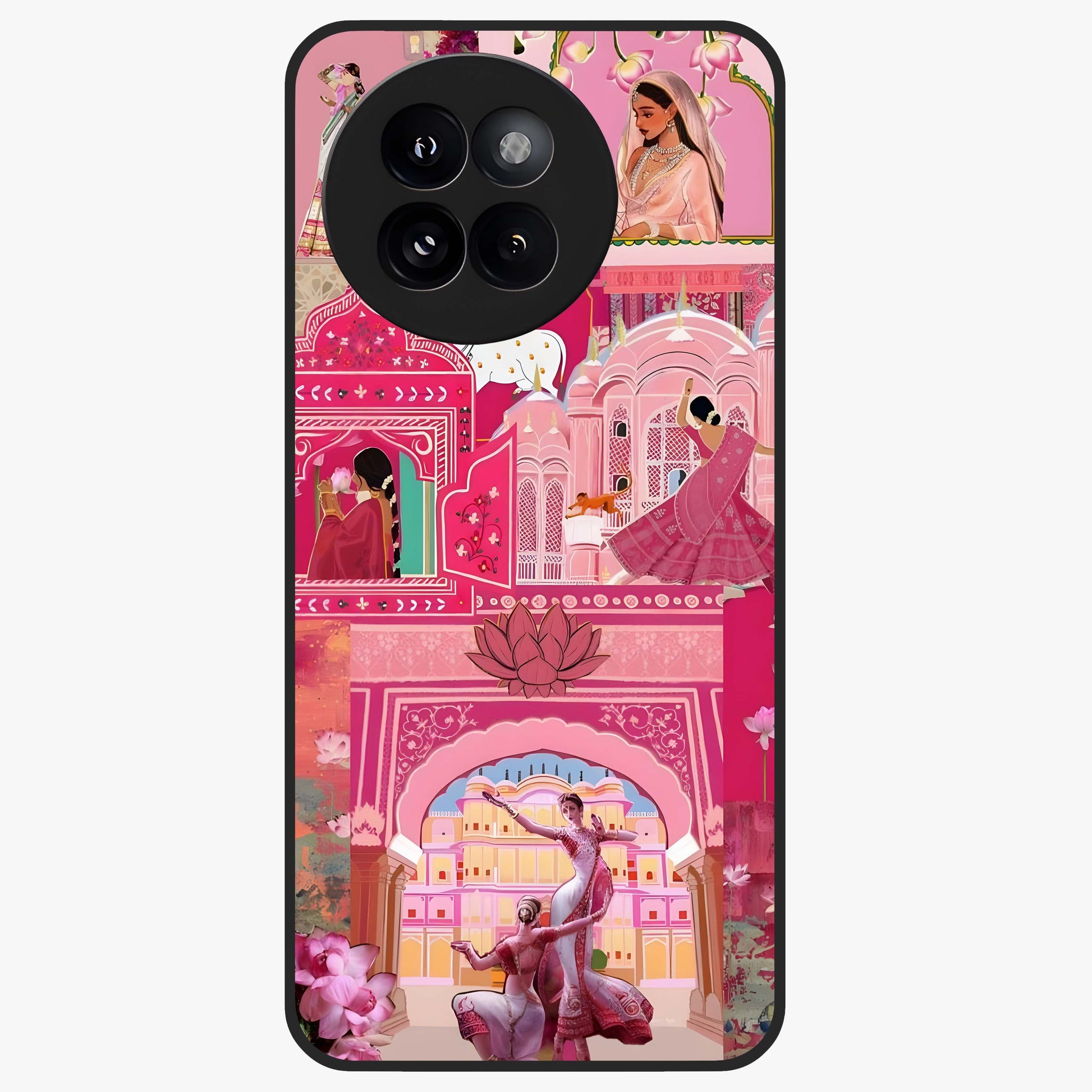 Pink Palace Muse Glass Case showing flat back view with elegant palace inspired artwork and glossy glass finish.