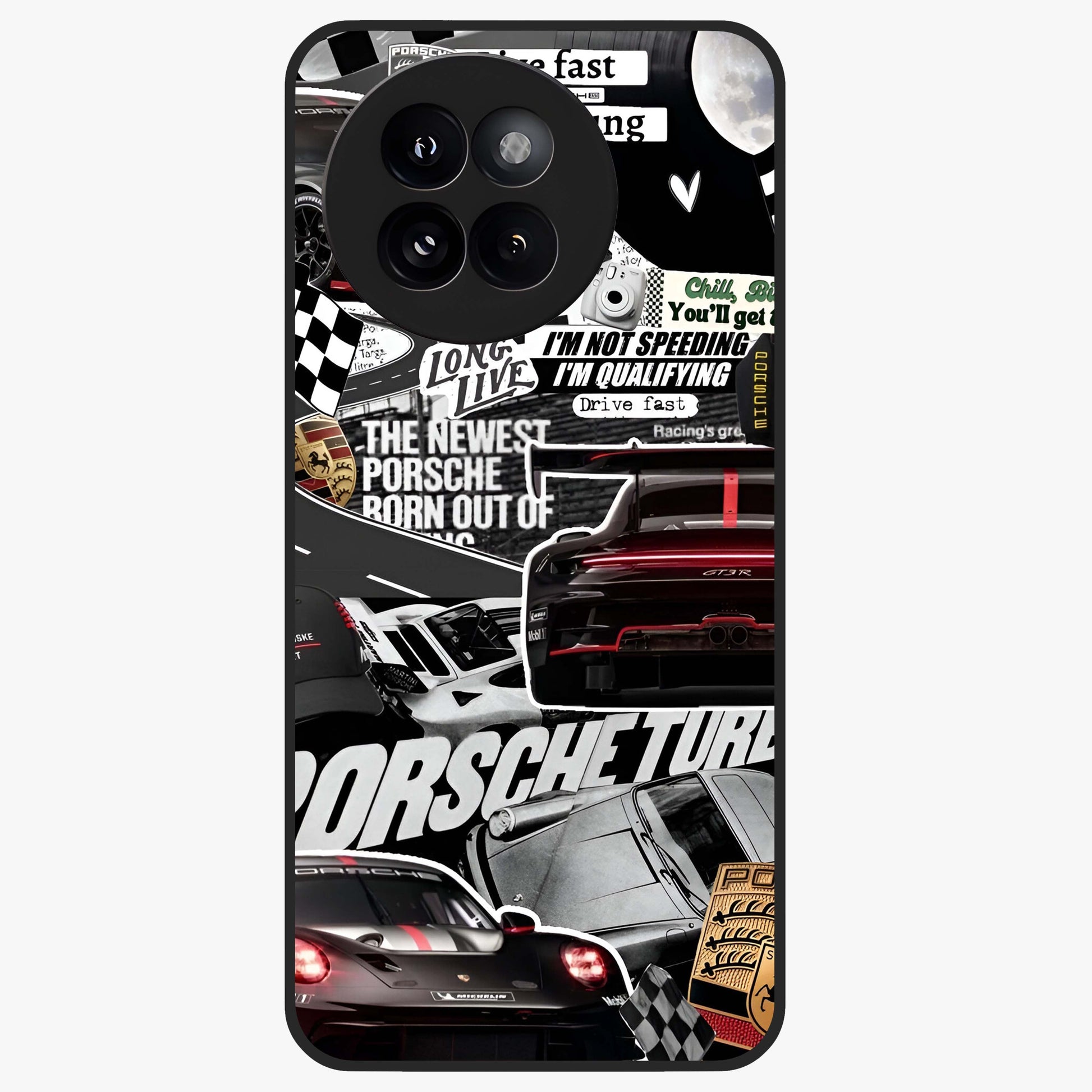 Porsche Racing Collage Glass Case showing flat back view with sports car racing collage artwork and glossy glass finish.