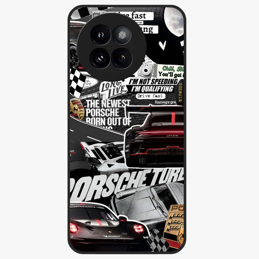 Porsche Racing Collage Glass Case showing flat back view with sports car racing collage artwork and glossy glass finish.