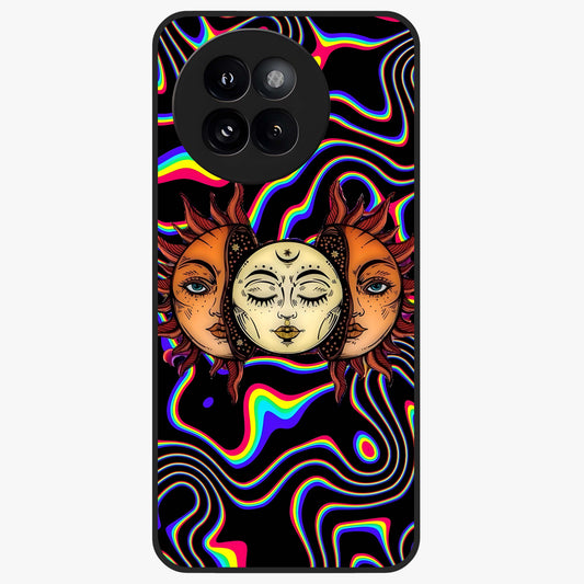 Psychedelic Sun Glass Case showing flat back view with colorful psychedelic sun artwork and glossy glass finish.