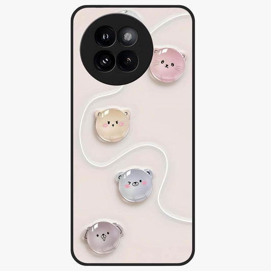 Puffy Face Parade Glass Case showing flat back view with cute puffy character faces artwork and glossy glass finish.