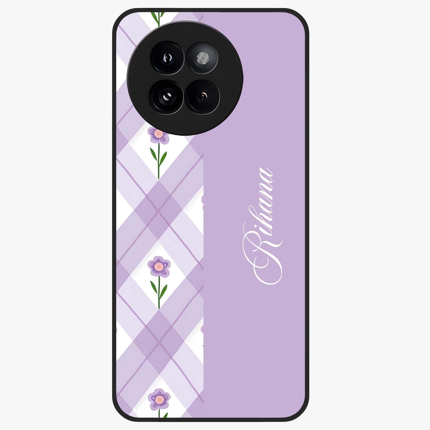 Purple Diamond Floral Glass Case showing flat back view with diamond shaped floral artwork and glossy glass finish.