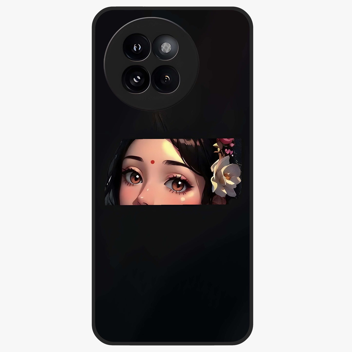Radha Divine Embrace Glass Case showing flat back view with devotional Radha artwork and glossy glass finish.