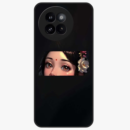Radha Divine Embrace Glass Case showing flat back view with devotional Radha artwork and glossy glass finish.