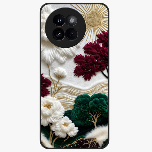 Radiant Bloom Elegance Glass Case showing flat back view with elegant blooming flower artwork and glossy glass finish.