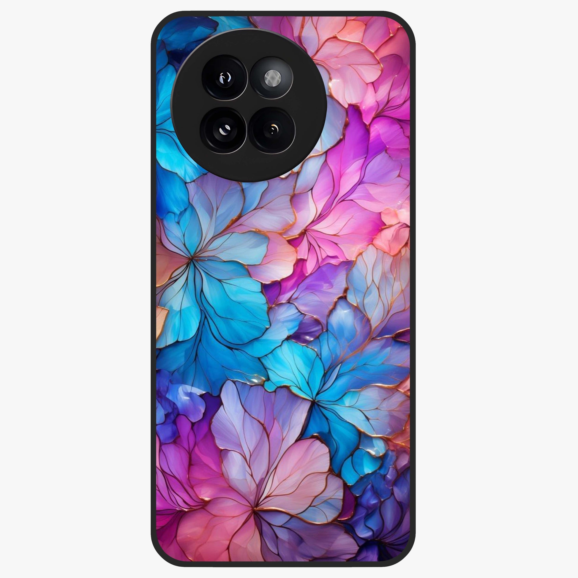 Radiant Floral Whirl Glass Case showing flat back view with swirling floral artwork and glossy glass finish.