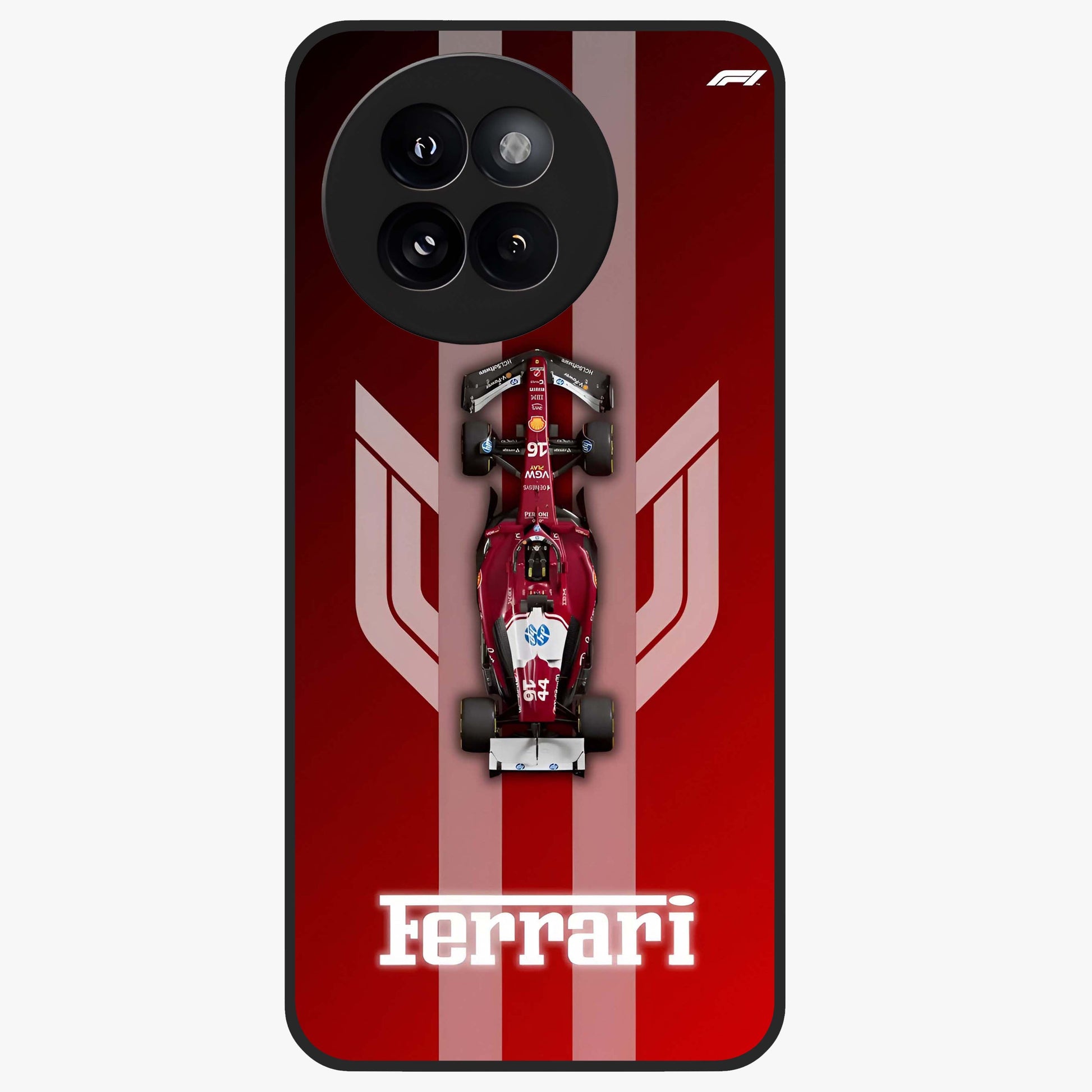 Red Ferrari F1 Vertical Glass Case showing flat back view with sleek Formula racing car artwork and glossy glass finish.