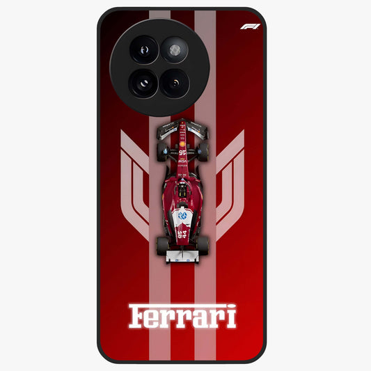 Red Ferrari F1 Vertical Glass Case showing flat back view with sleek Formula racing car artwork and glossy glass finish.