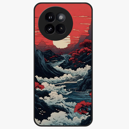 Red Sunset Scenery Glass Case showing flat back view with vibrant sunset landscape artwork and glossy glass finish.