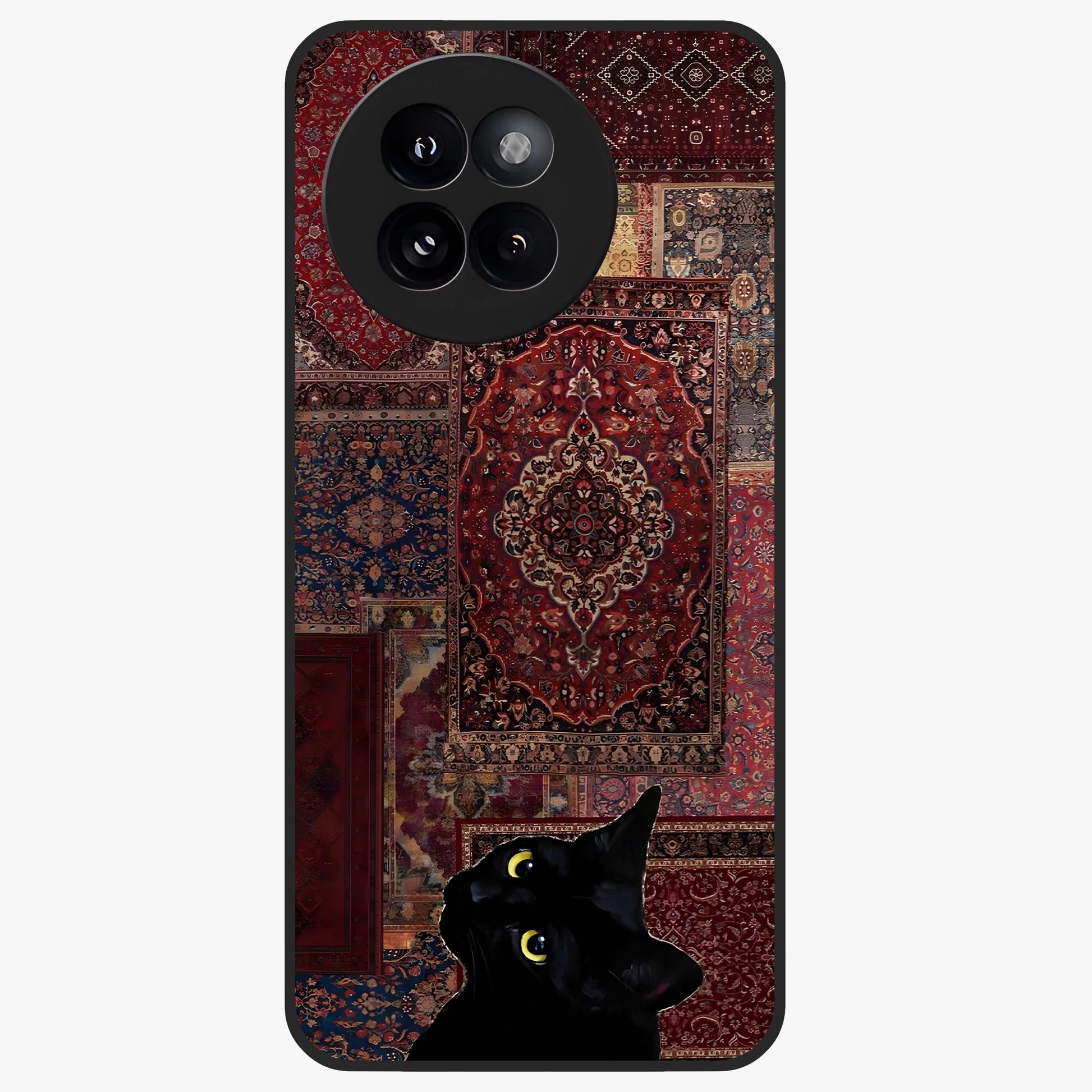Regal Magic Cat Apple Glass Case showing flat back view with magical cat artwork holding apple and glossy glass finish.