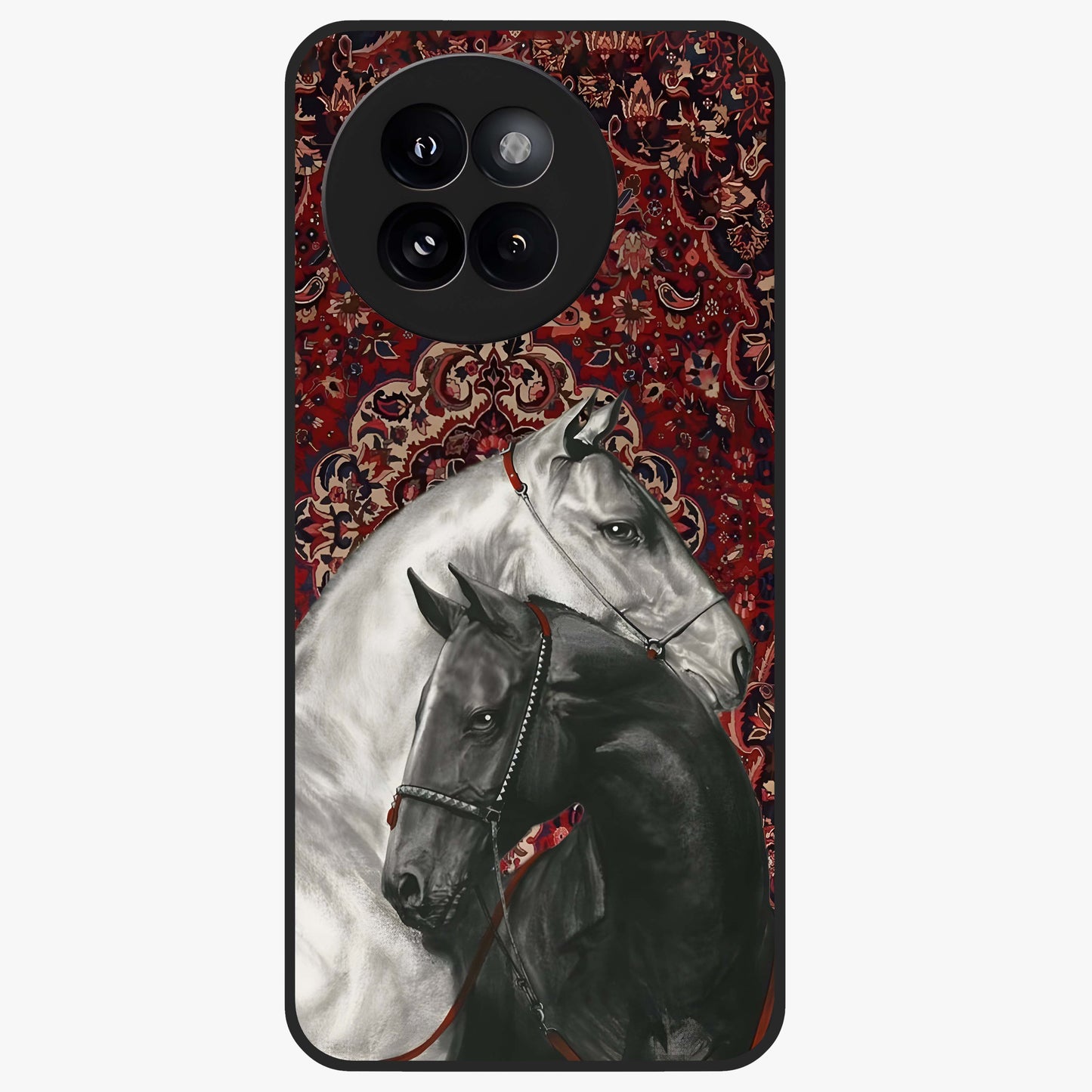 Regal Stallion Tapestry Glass Case showing flat back view with majestic horse tapestry artwork and glossy glass finish.