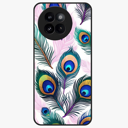 Royal Peacock Feathers Glass Case showing flat back view with colorful peacock feather artwork and glossy glass finish.
