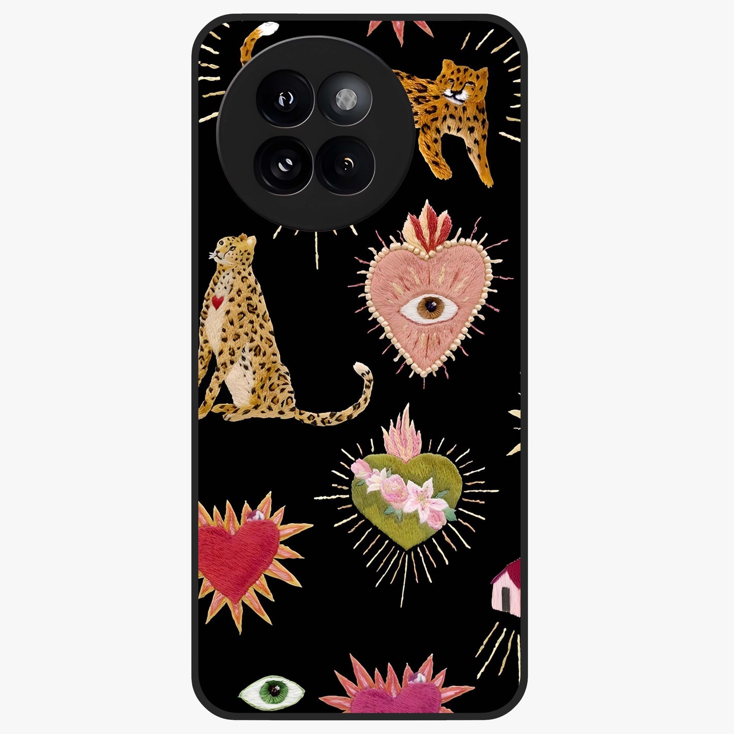 Sacred Jungle Heart Glass Case showing flat back view with jungle inspired heart artwork and glossy glass finish.