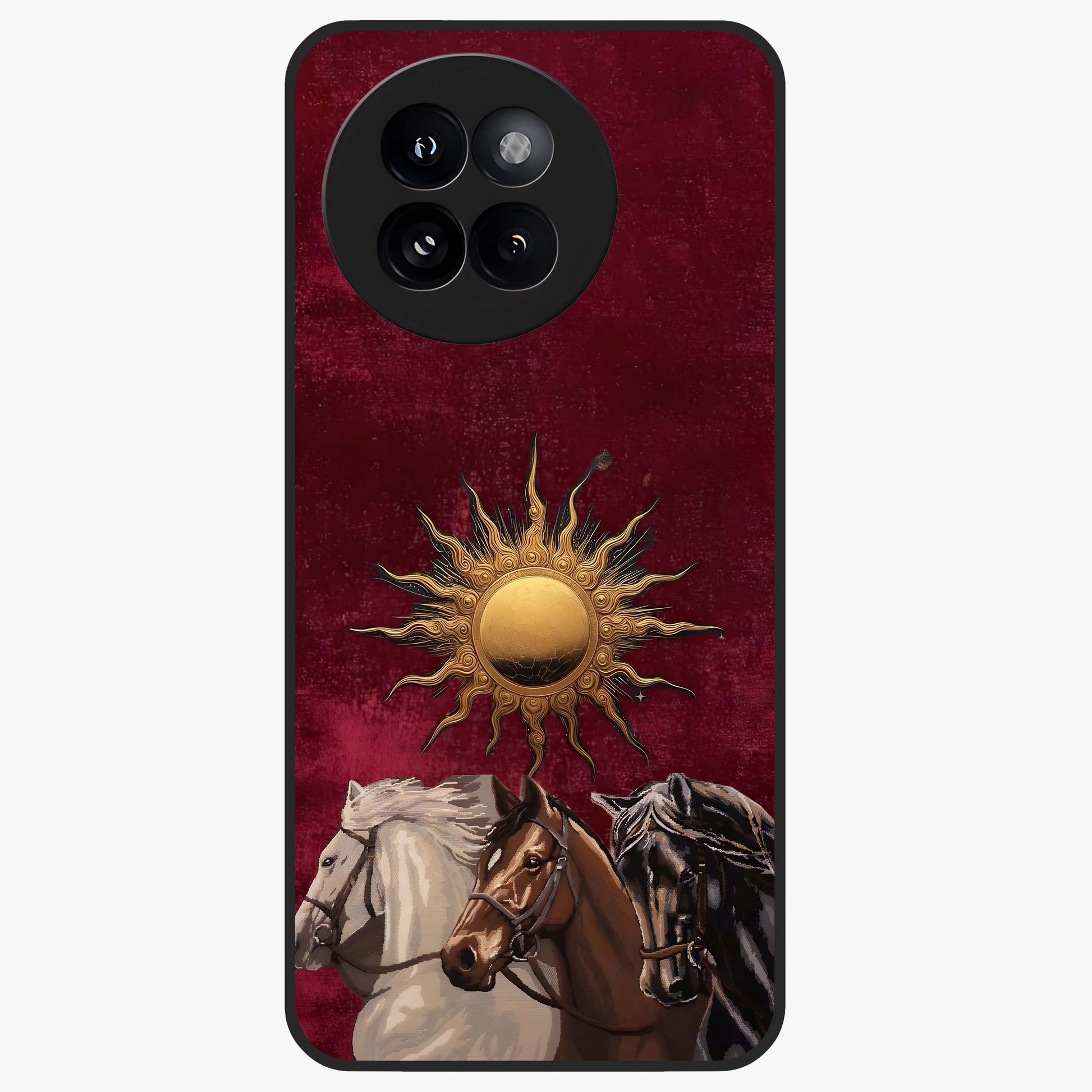 Solar Riders Glass Case showing flat back view with dynamic rider themed artwork and glossy glass finish.