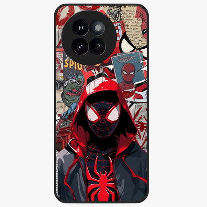 Spider Collage Street Glass Case showing flat back view with vibrant superhero collage artwork and glossy glass finish.