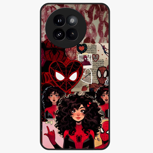 Spider Love Story Glass Case showing flat back view with romantic superhero themed artwork and glossy glass finish.