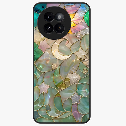 Stained Sunrise Glow Glass Case showing flat back view with glowing sunrise stained pattern artwork and glossy glass finish.