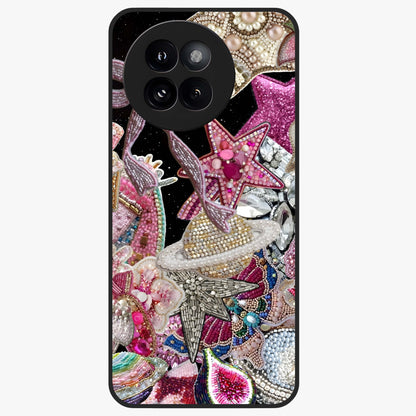 Starlit Jewel Dream Glass Case showing flat back view with sparkling jewel and star themed artwork and glossy glass finish.