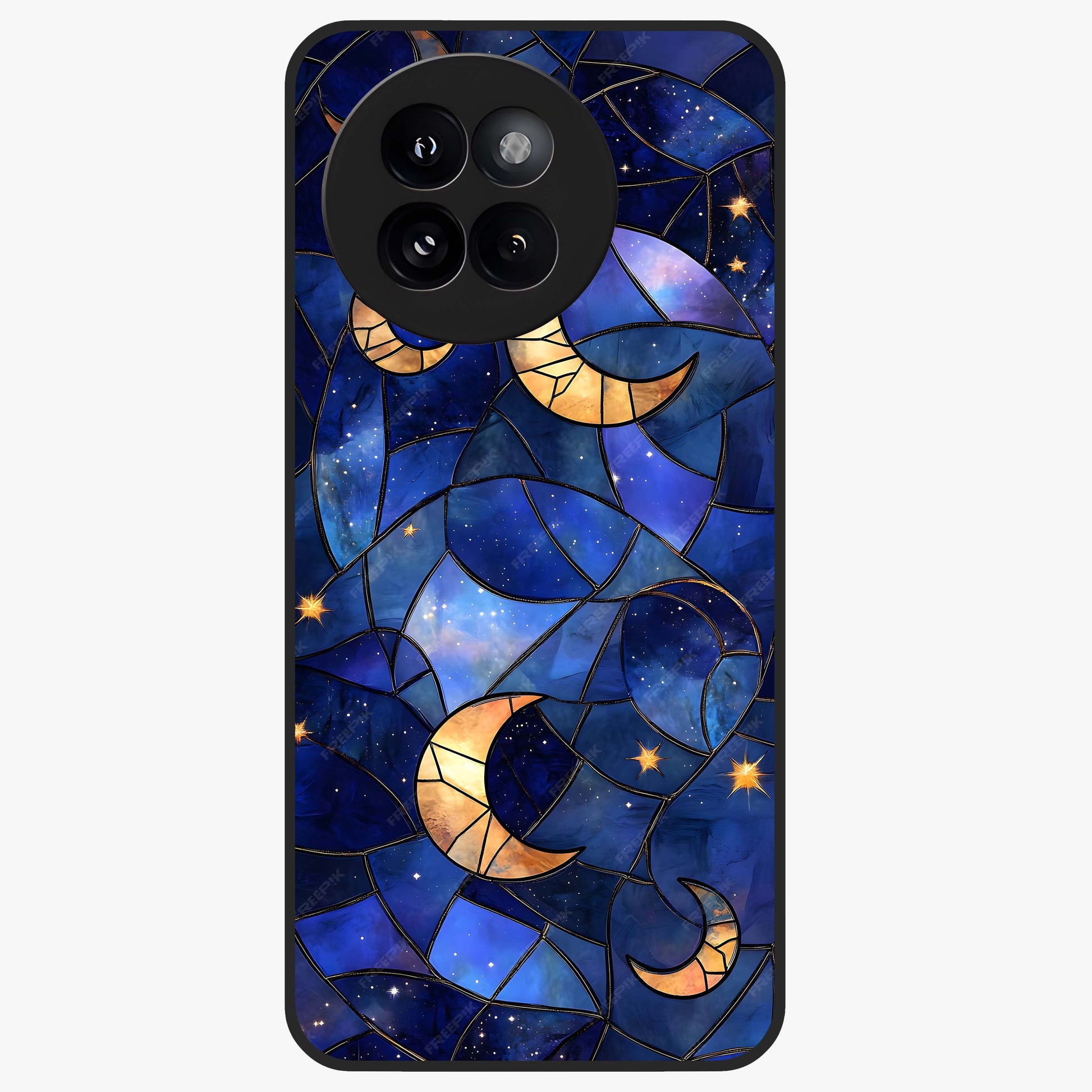 Starlit Sky Tapestry Glass Case showing flat back view with decorative starry sky tapestry artwork and glossy glass finish.