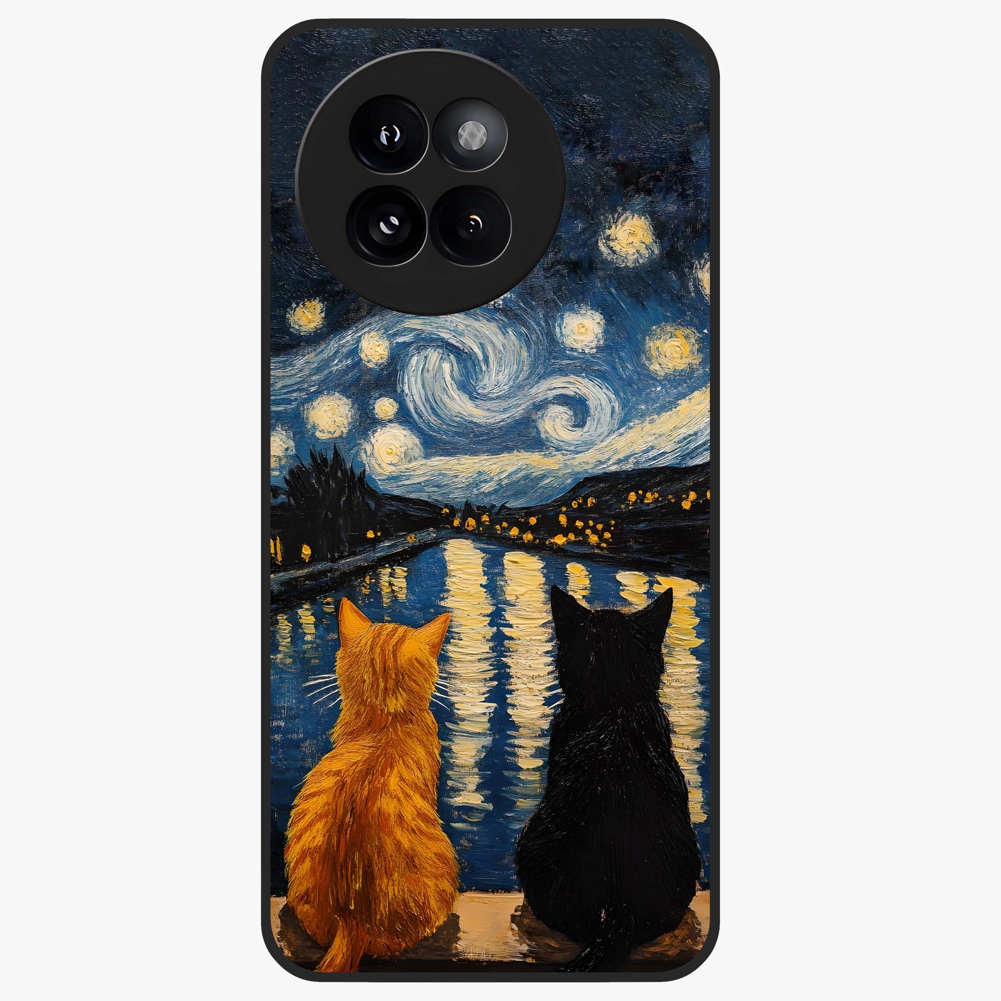 Starry River Cats Glass Case showing flat back view with cats by a starry river artwork and glossy glass finish.