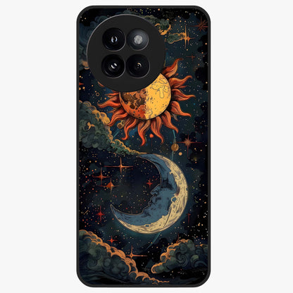 Sun And Moon Magic Design Glass Case showing flat back view with mystical sun and moon artwork and glossy glass finish.