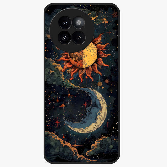 Sun And Moon Magic Design Glass Case showing flat back view with mystical sun and moon artwork and glossy glass finish.