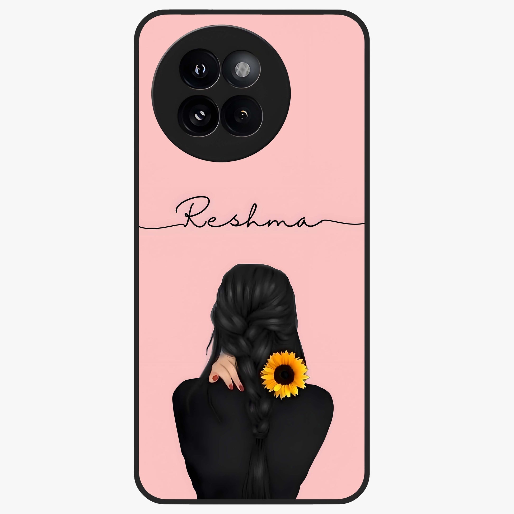 Sunflower Braid Beauty With Custom Name Glass Case showing flat back view with sunflower braid artwork and personalized name design.