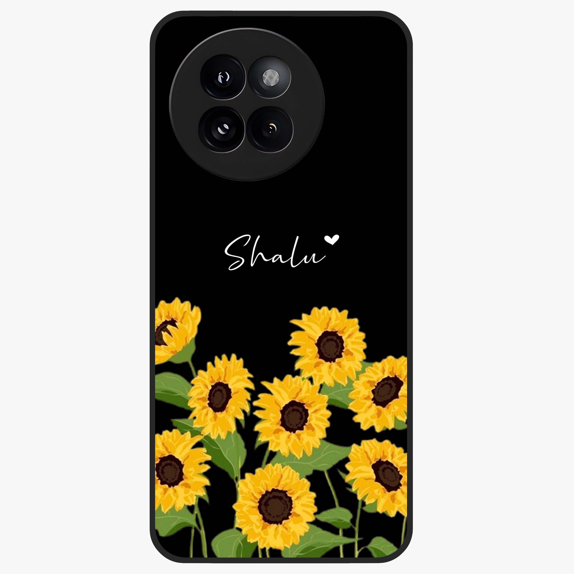 Sunflower Chic Mood Custom Name Glass Case showing flat back view with stylish sunflower artwork and personalized name design.