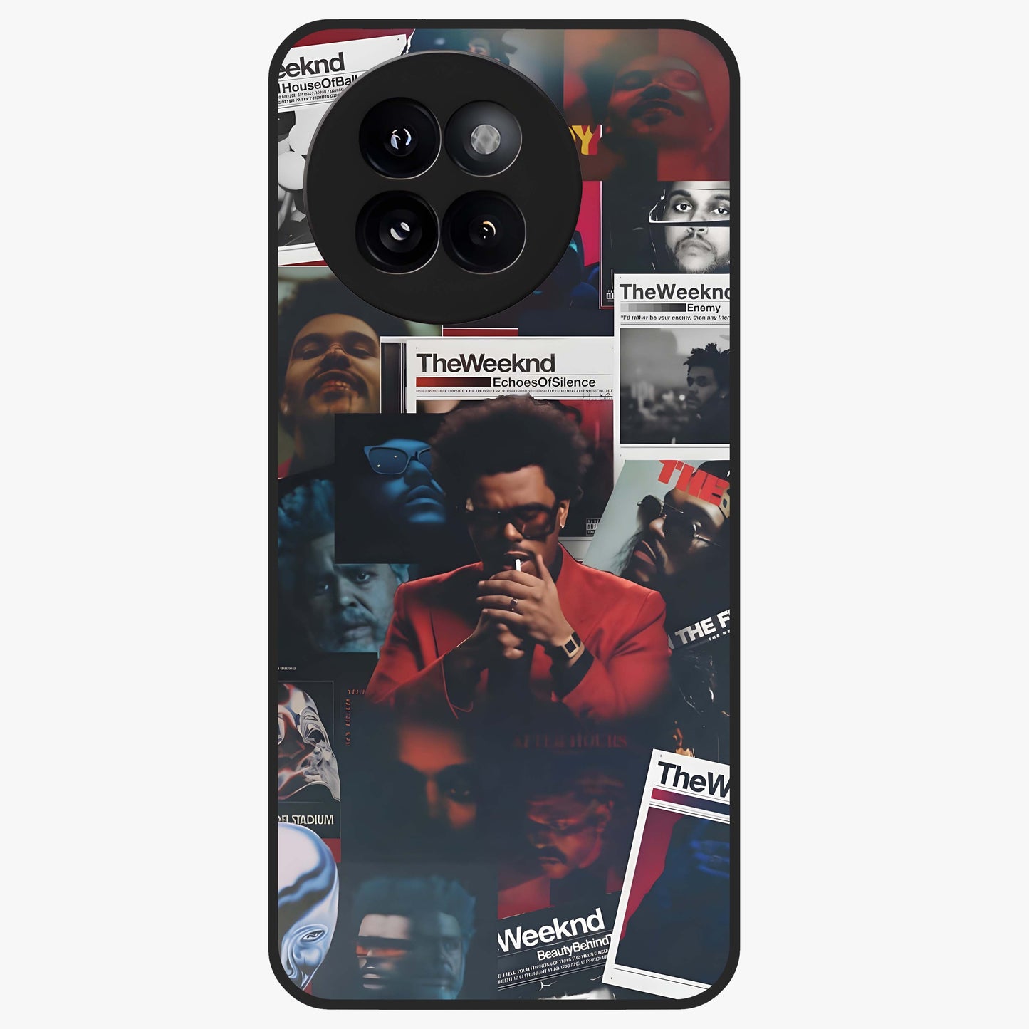 The Weeknd Glass Case showing flat back view with music inspired artistic portrait artwork and glossy glass finish.