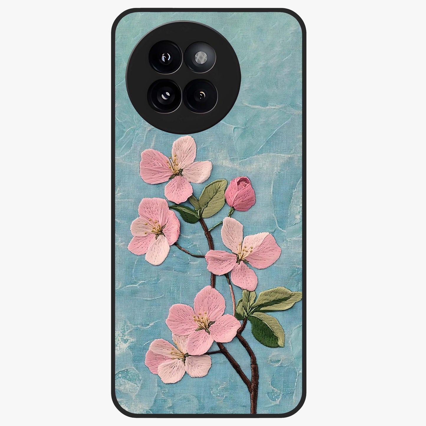 Threaded Blossom Breeze Glass Case showing flat back view with delicate blossom artwork and glossy glass finish.