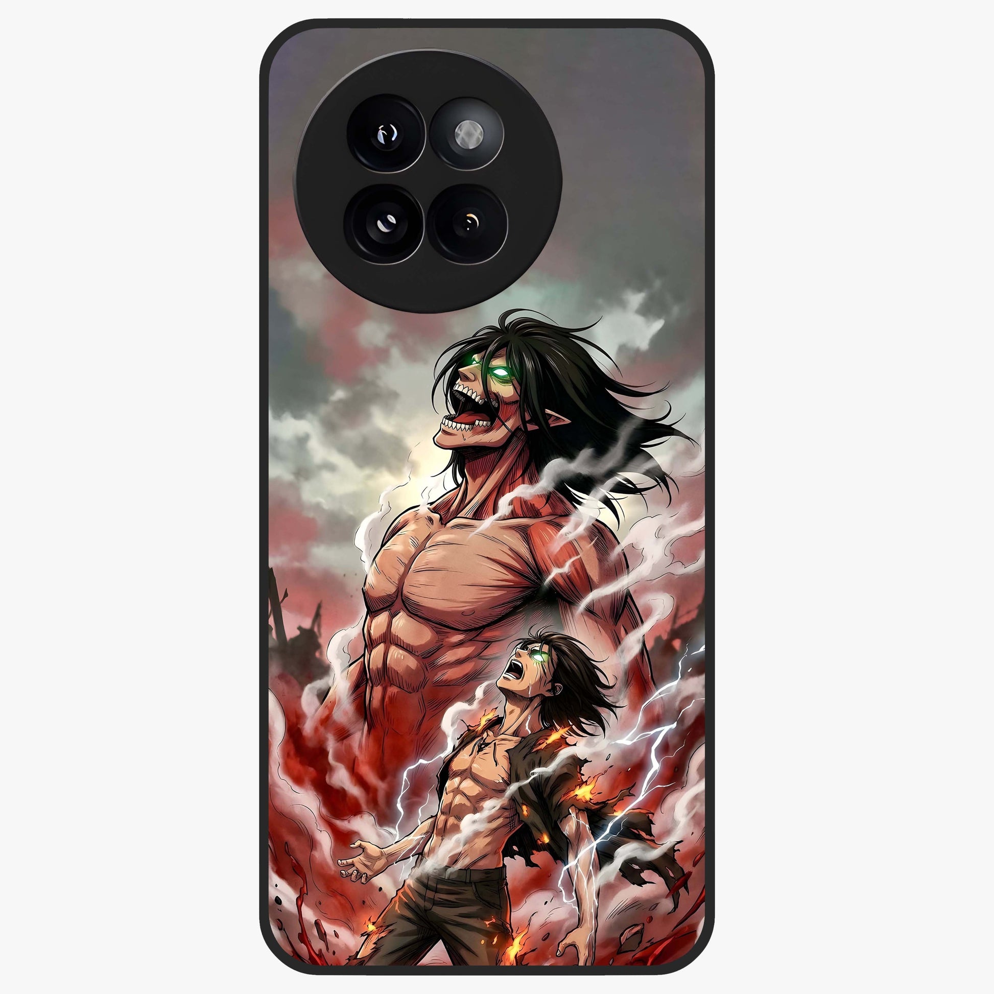 Titan Awakening Fury Glass Case showing flat back view with powerful titan inspired artwork and glossy glass finish.
