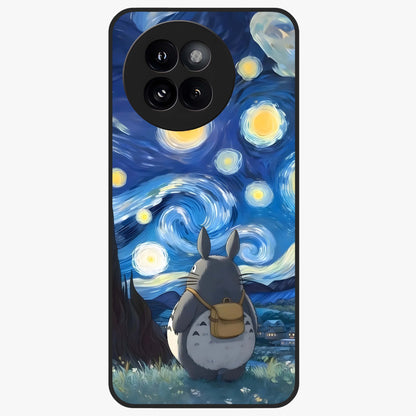 Totoro In Van Gogh Art Glass Case showing flat back view with whimsical character artwork inspired by Van Gogh style and glossy glass finish.