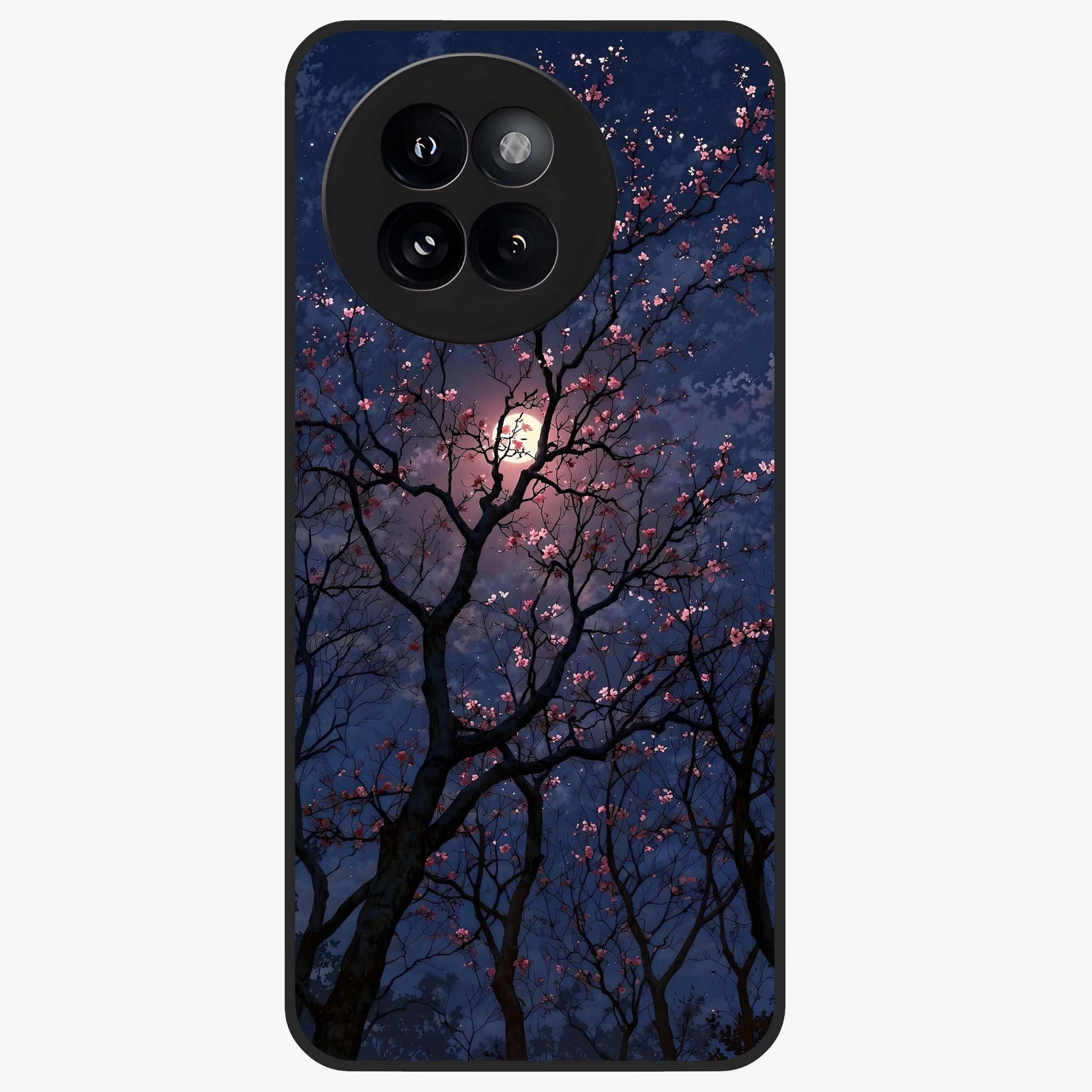 Twilight Sakura Serenade Glass Case showing flat back view with cherry blossom artwork at twilight and glossy glass finish.