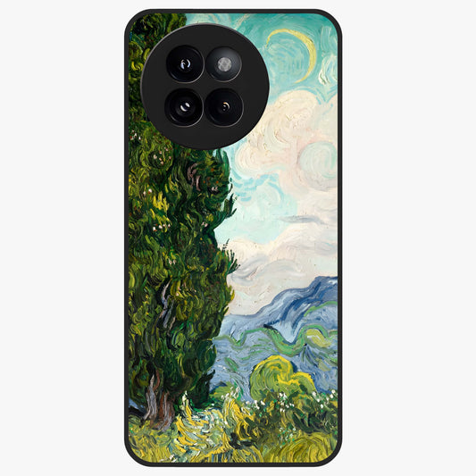Van Gogh Vintage Art Glass Case showing flat back view with vintage painterly artwork inspired by Van Gogh style and glossy glass finish.