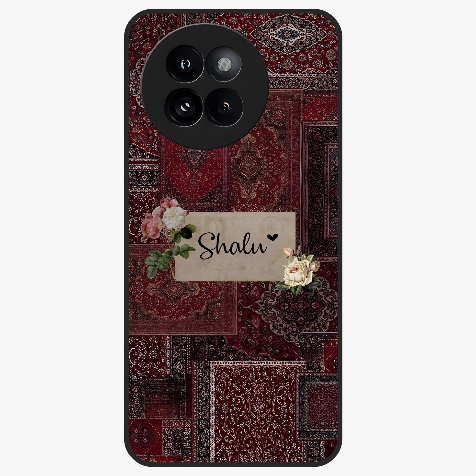 Velvet Wine Pattern Custom Name Glass Case showing flat back view with elegant wine colored pattern artwork and personalized name design.